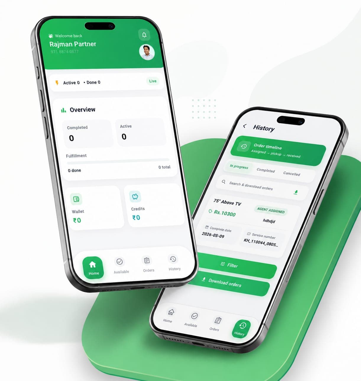 Kabad Hatao Partner app — home और order history screens