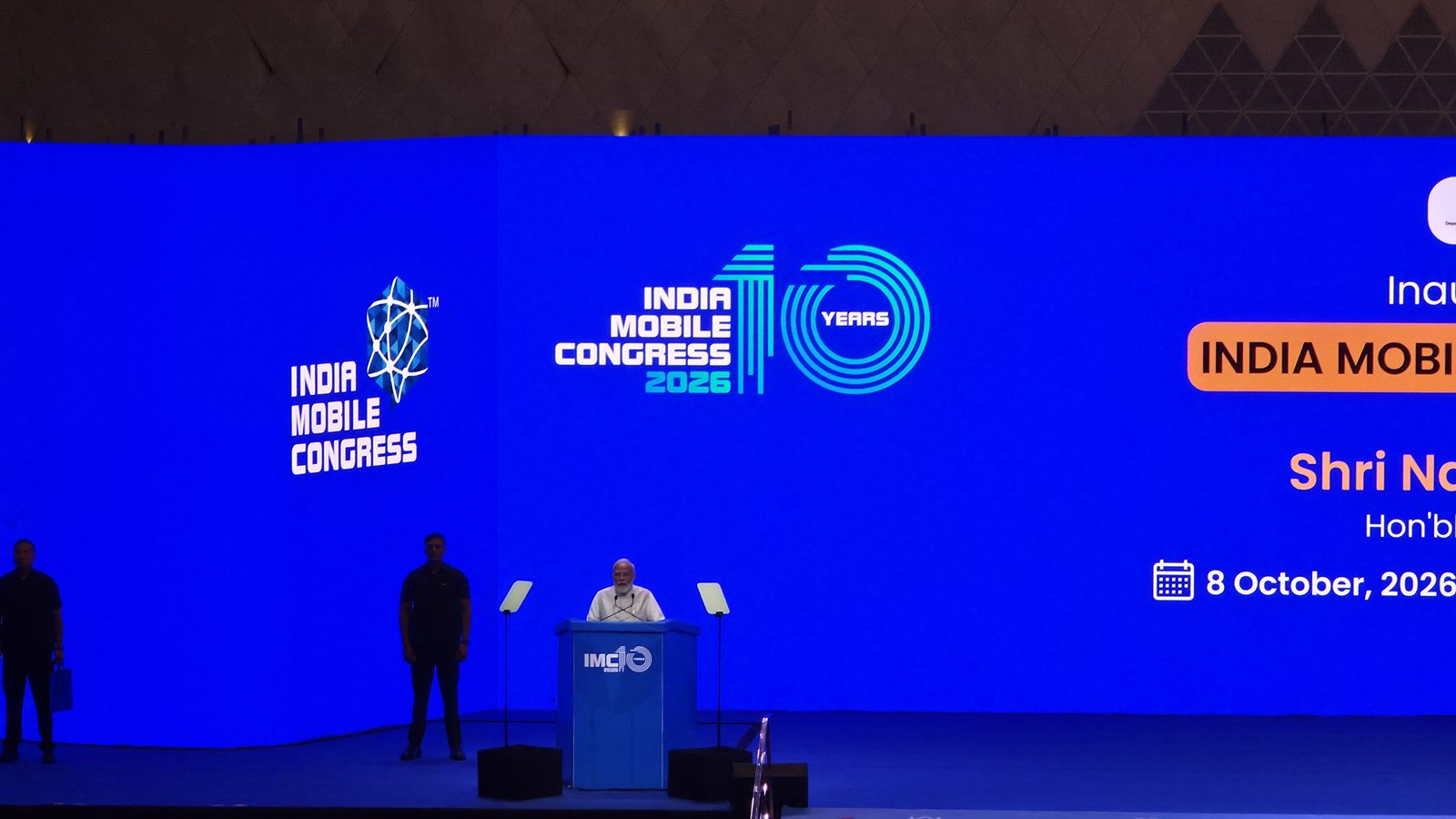 Prime Minister Narendra Modi at the podium for the IMC 2026 inauguration.