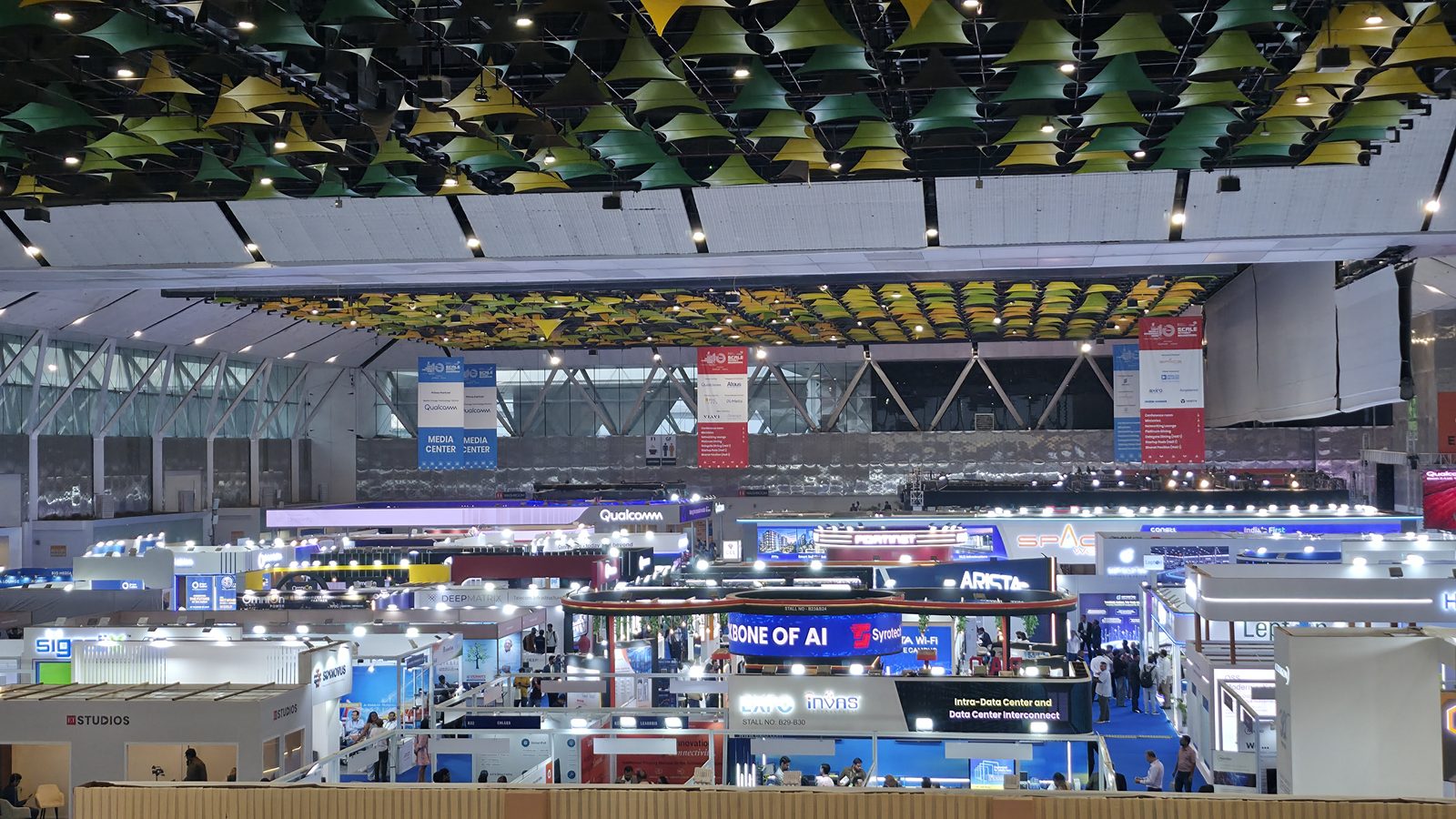The hall ceiling and stalls at Yashobhoomi.